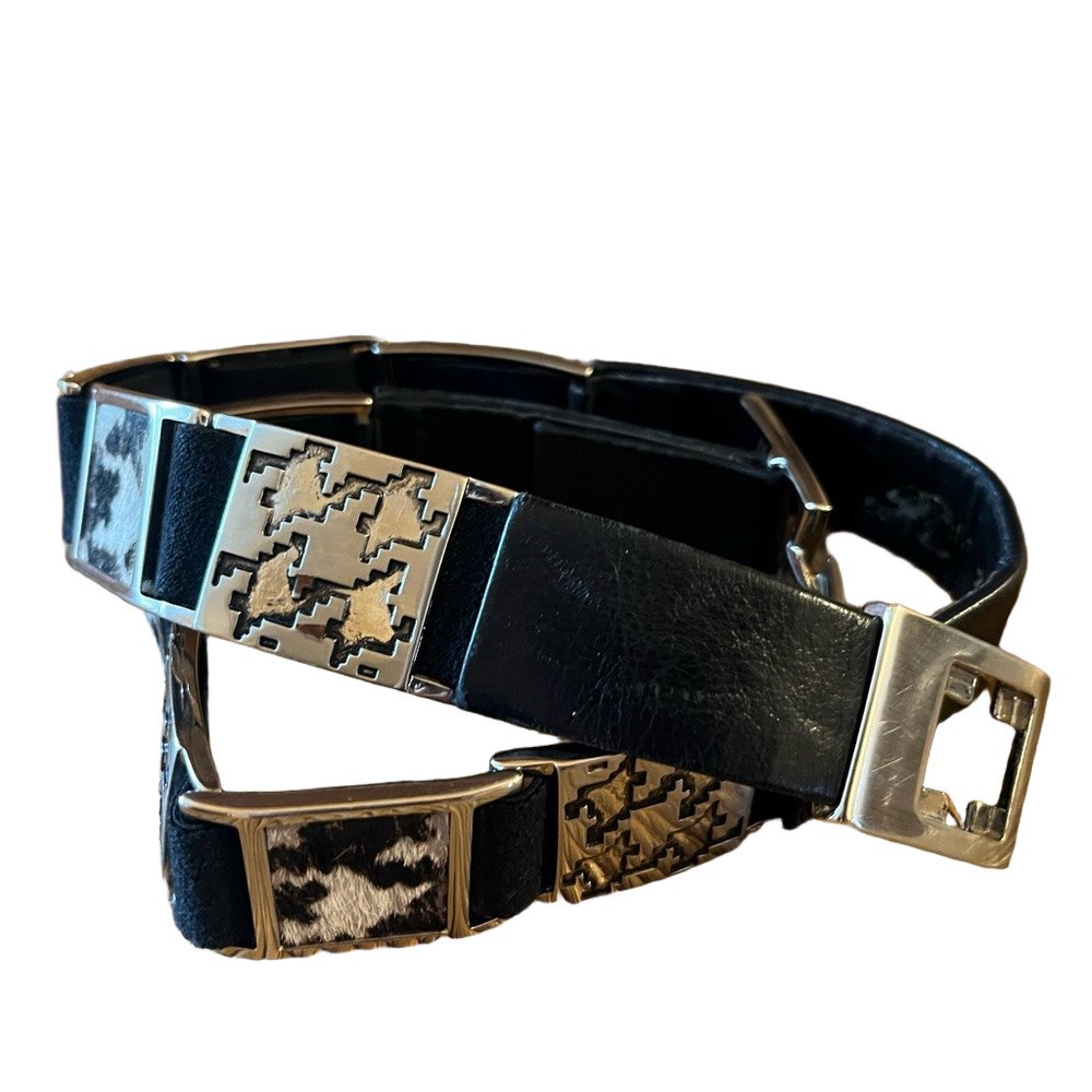 Albatros Vintage Black Leather & fur Belt Silver tone Buckle Made Italy SZ S-M